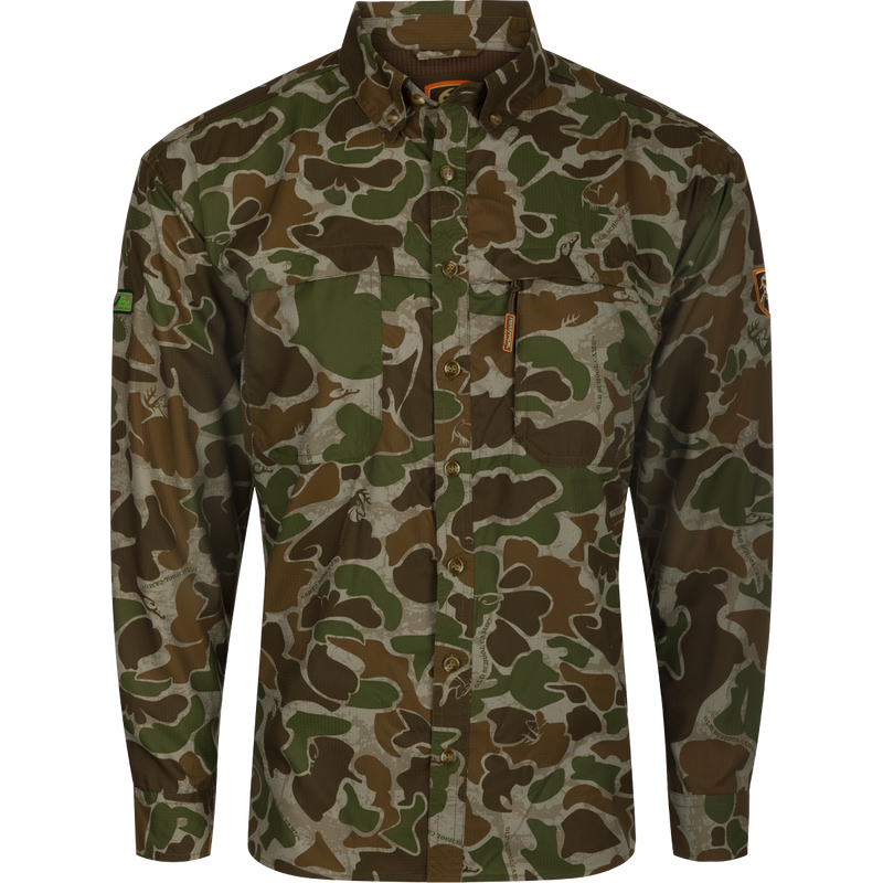 A lightweight, breathable camouflage shirt for warm weather hunts. Features mesh back and side panels for airflow.