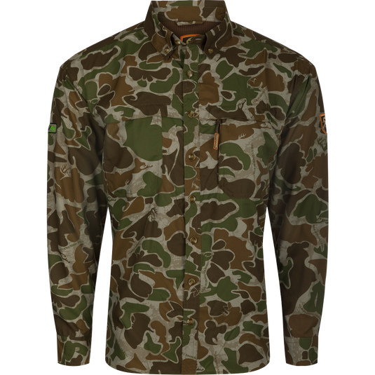 A lightweight, breathable camouflage shirt for warm weather hunts. Features mesh back and side panels for airflow.