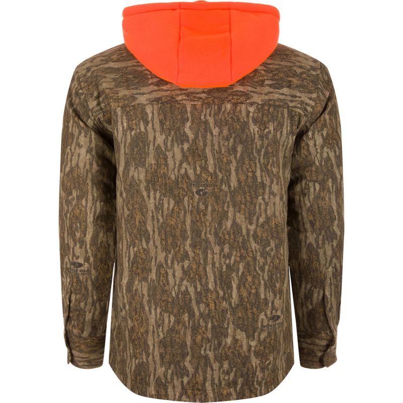 Non-Typical Campfire Hoodie with Mossy Oak camo, bright orange hood, and multiple pockets. Displayed on mannequin, showcasing functional hunting gear by Purewhitelaneshop.