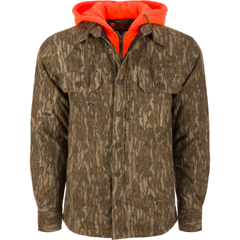 Men’s hunting-style jacket with Mossy Oak Bottomland camo, featuring blaze-orange hood, snap closure, and chest pockets, showcasing Purewhitelaneshop's durable, functional hunting apparel.
