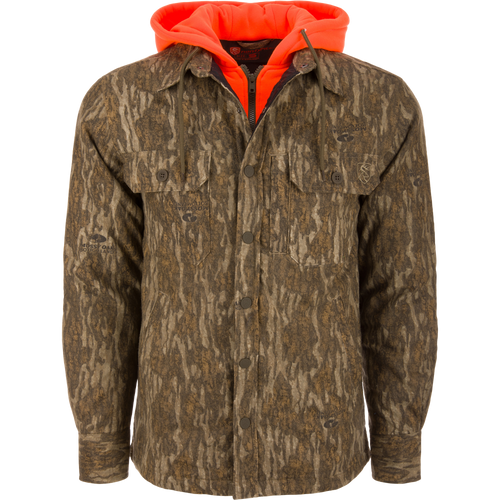 Men’s hunting-style jacket with Mossy Oak Bottomland camo, featuring blaze-orange hood, snap closure, and chest pockets, showcasing Purewhitelaneshop's durable, functional hunting apparel.
