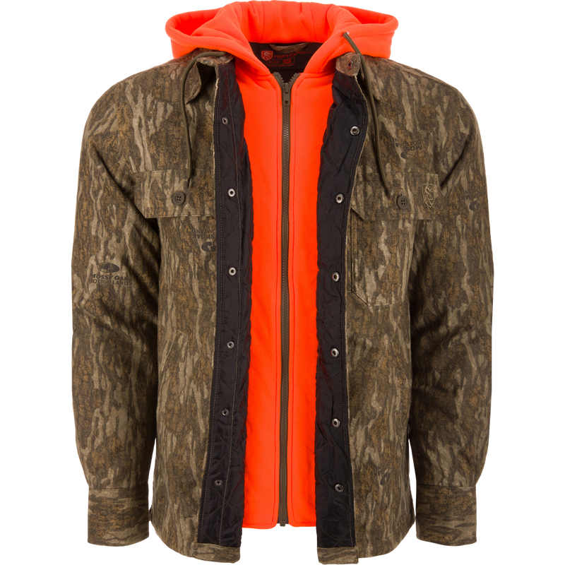 Non-Typical Campfire Hoodie displayed on a mannequin, featuring a blaze-orange quilted design, camo over-jacket, adjustable hood, and multiple functional pockets for hunting versatility.