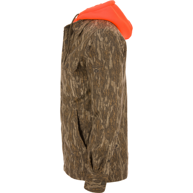 Non-Typical Campfire Hoodie with camouflage pattern, bright orange hood, chest and hand-warmer pockets, button cuffs, showcasing functional design ideal for hunting.