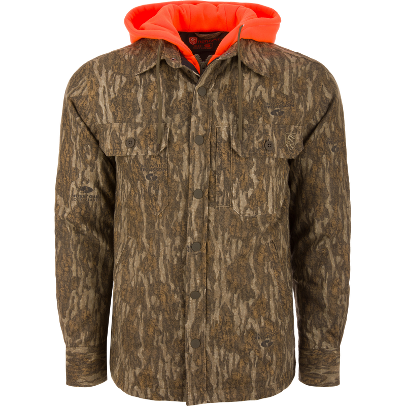 Non-Typical Campfire Hoodie with camo pattern, orange hood, snap-front, and multiple pockets; designed for durability and warmth, ideal for hunting.