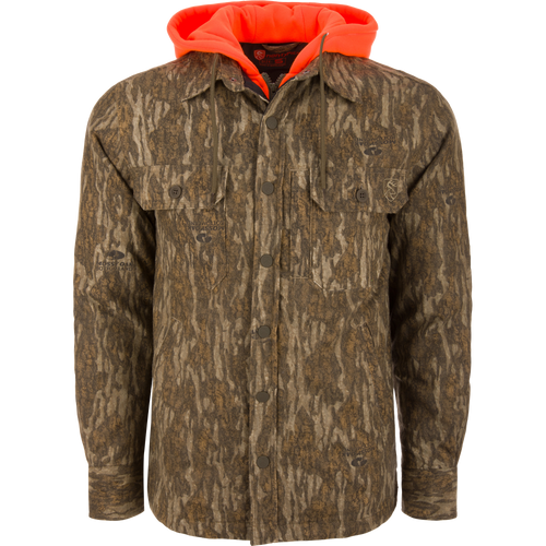 Non-Typical Campfire Hoodie with camo pattern, orange hood, snap-front, and multiple pockets; designed for durability and warmth, ideal for hunting.