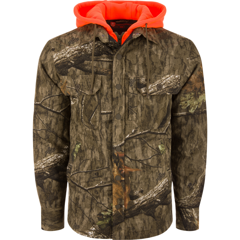 Non-Typical Campfire Hoodie features camo print, blaze-orange hood, snap-front buttons, two chest flap pockets, designed with durable cotton and recycled polyester for hunting versatility.