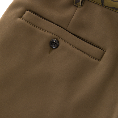 Close-up of Non-Typical Endurance Pant with Scent Control, highlighting the buttoned welt pocket and belt loop, showcasing durable design for hunting comfort and protection.