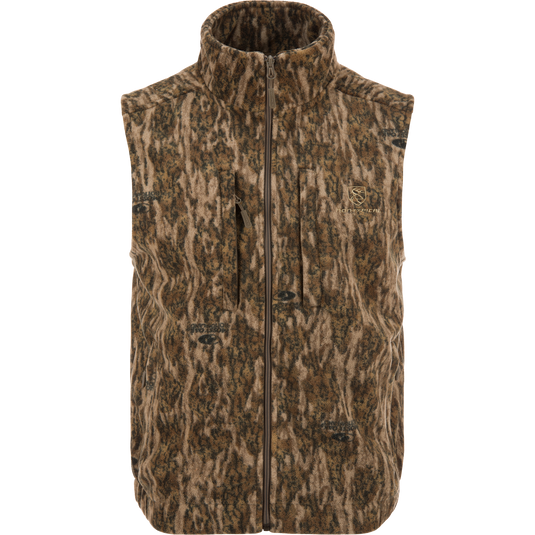Non-Typical Windproof Layering Vest with camouflage pattern, high collar, zip-front, chest pockets, and elastic waist, ideal for outdoor activities in harsh conditions.