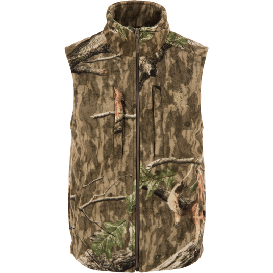 Non-Typical Windproof Layering Vest in woodland camouflage, featuring a zip-front, fleece material, and multiple pockets, ideal for hunting and outdoor activities.