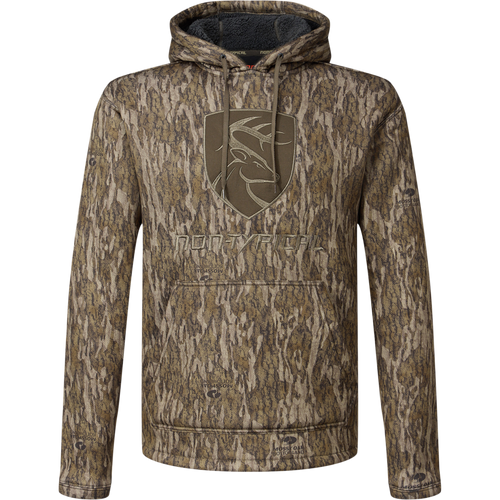 Non-Typical Silencer Hoodie with Agion Active X2, featuring a camouflage pattern, embroidered deer patch, kangaroo pocket, and drawstring hood for hunting and outdoor activities.