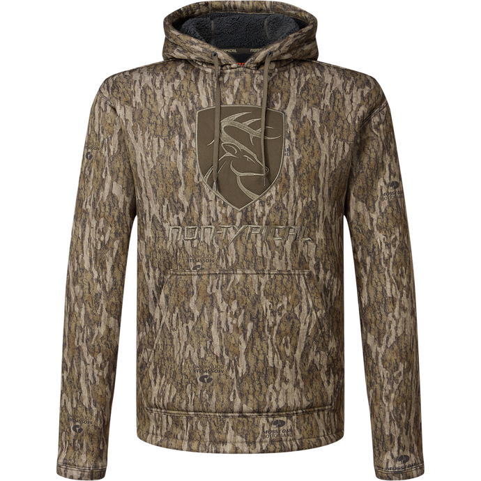Non-Typical Silencer Hoodie with Agion Active X2, featuring a camouflage pattern, embroidered deer patch, kangaroo pocket, and drawstring hood for hunting and outdoor activities.