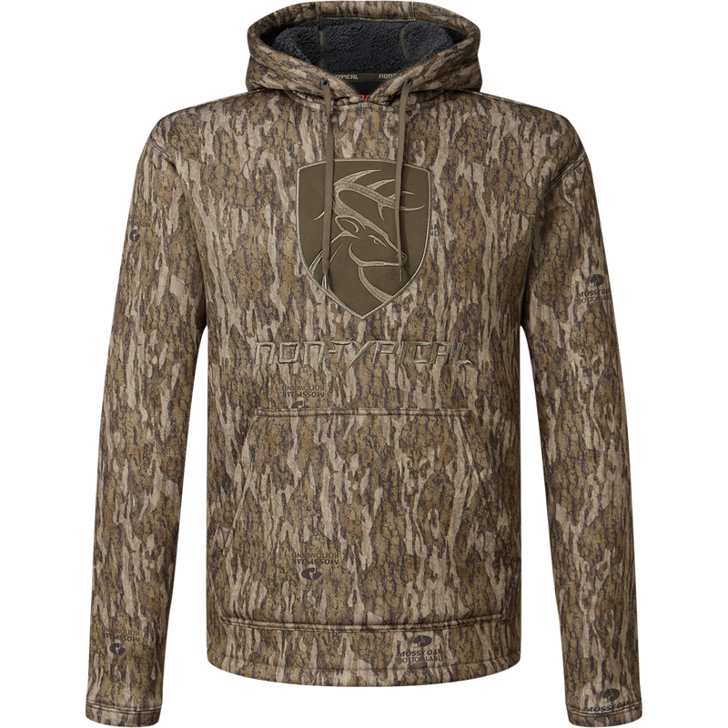 Non-Typical Silencer Hoodie with Agion Active X2, featuring a camouflage pattern, embroidered deer patch, kangaroo pocket, and drawstring hood for hunting and outdoor activities.