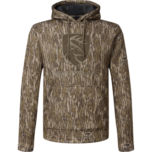 Non-Typical Silencer Hoodie with Agion Active X2, featuring a camouflage pattern, embroidered deer patch, kangaroo pocket, and drawstring hood for hunting and outdoor activities.
