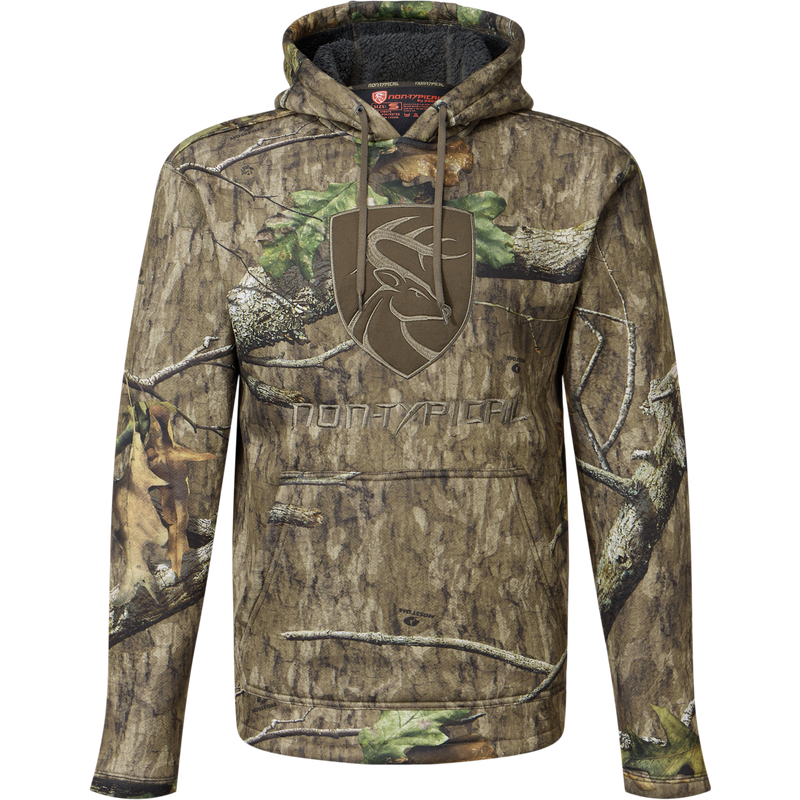Non-Typical Silencer Hoodie with Agion Active X2 features a tree-bark and leaf camo, embroidered deer logo, kangaroo pocket, and adjustable drawstring hood.