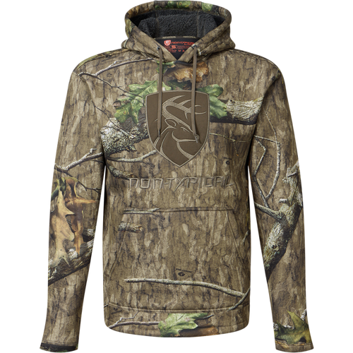 Non-Typical Silencer Hoodie with Agion Active X2 features a tree-bark and leaf camo, embroidered deer logo, kangaroo pocket, and adjustable drawstring hood.