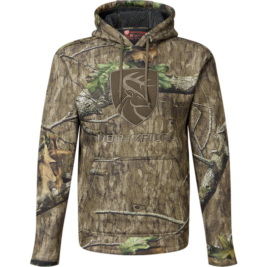 Non-Typical Silencer Hoodie with Agion Active X2 features a tree-bark and leaf camo, embroidered deer logo, kangaroo pocket, and adjustable drawstring hood.