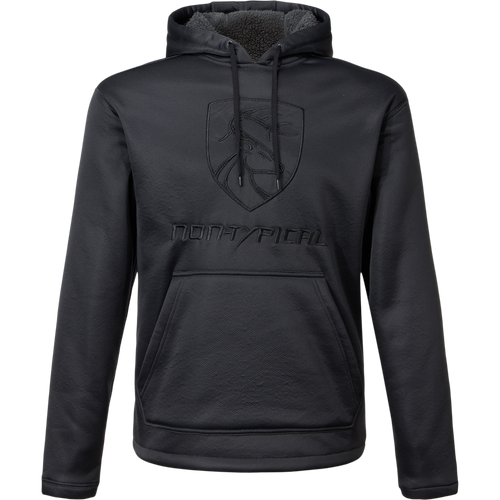 Non-Typical Silencer Hoodie with Agion Active X2 featuring a drawstring hood, kangaroo pocket, and embroidered crest on a mannequin, highlighting its performance-grade, noise-reducing design.