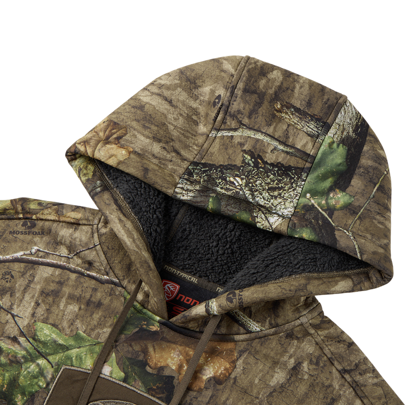 Non-Typical Silencer Hoodie with Agion Active X2 featuring a camouflage print, plush fleece-lined hood, draw-cords, and kangaroo pocket, designed for performance and comfort.