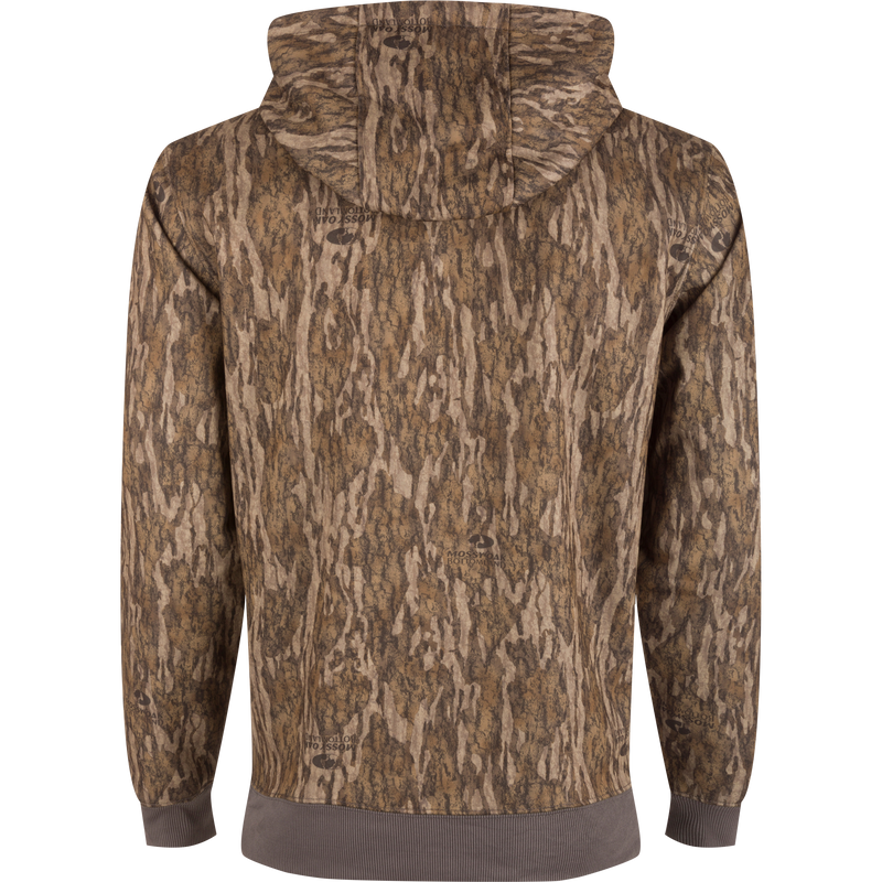 Non-Typical Back Eddy Embossed Hoodie with raised logo, kangaroo pocket, and lined hood; detailed fabric close-up showing camouflage pattern.