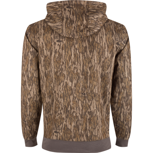 Non-Typical Back Eddy Embossed Hoodie with raised logo, kangaroo pocket, and lined hood; detailed fabric close-up showing camouflage pattern.