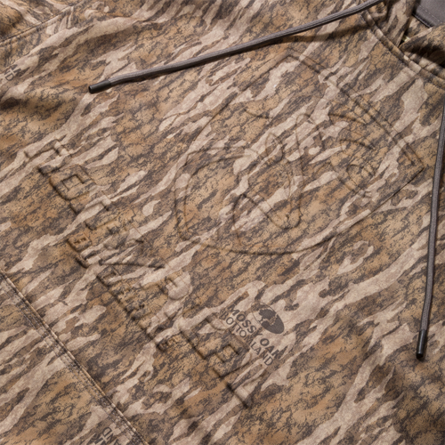 Close-up of the Non-Typical Back Eddy Embossed Hoodie, showcasing its camouflage pattern, zipper detail, and fabric texture.