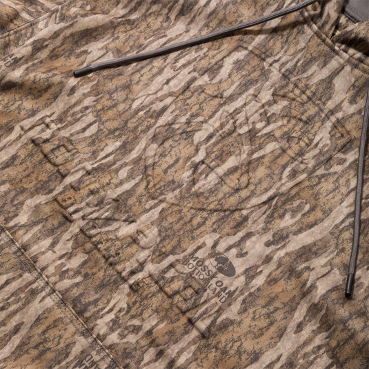 Close-up of the Non-Typical Back Eddy Embossed Hoodie, showcasing its camouflage pattern, zipper detail, and fabric texture.