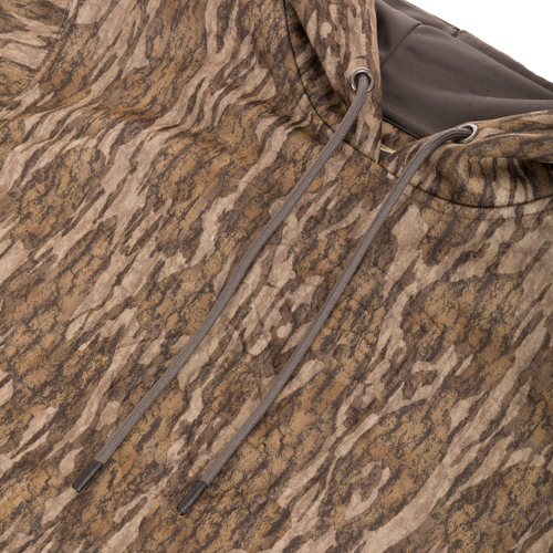 Close-up of the Non-Typical Back Eddy Embossed Hoodie showing the raised logo and adjustable drawstring hood.