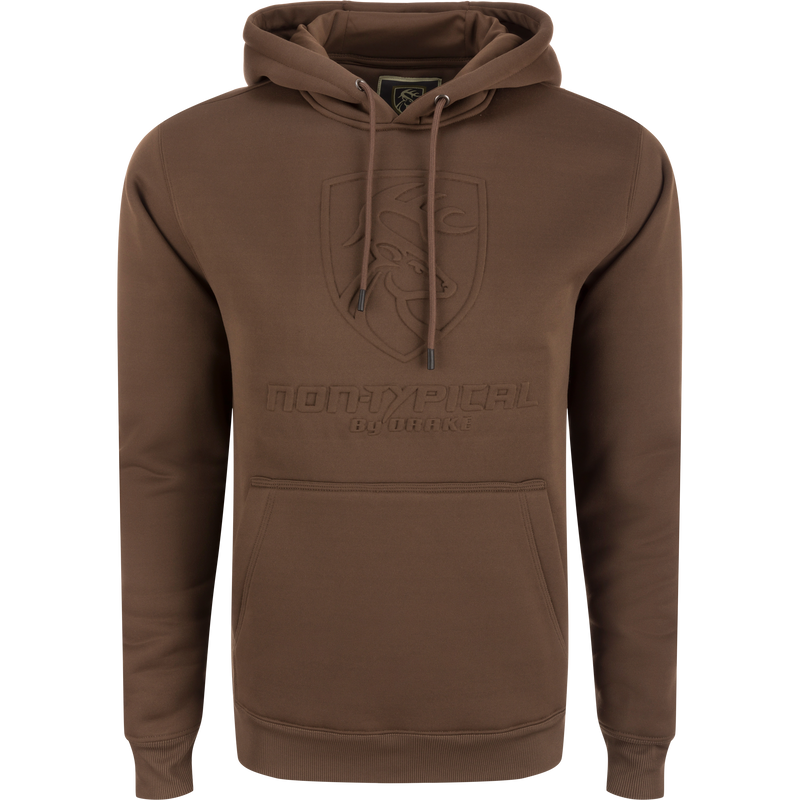 Non-Typical Back Eddy Embossed Hoodie featuring a raised logo, kangaroo pocket, and adjustable drawstring hood, suitable for outdoor activities.