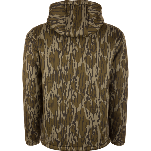 Back view of the Non-Typical Silencer Full Zip Hoodie in camouflage, featuring a hood and zippered pockets, designed for warmth and quietness during hunting.