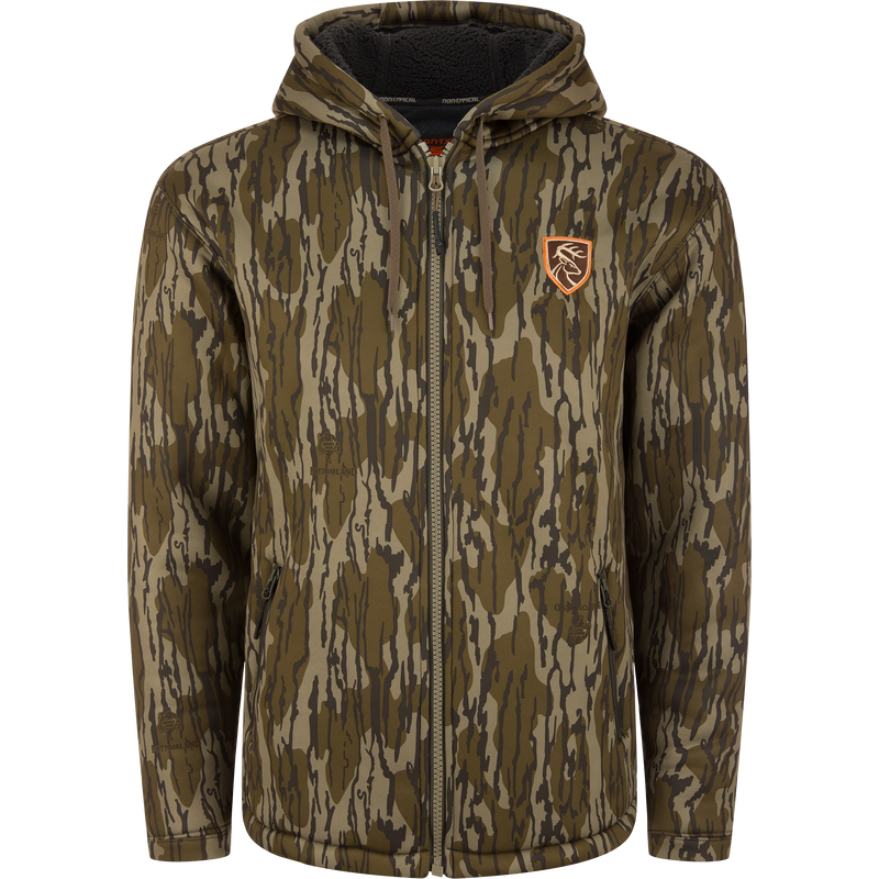 Non-Typical Silencer Full Zip Hoodie in woodland camouflage with a drawcord hood, zippered pockets, and deer-head patch, designed for warmth and quietness.