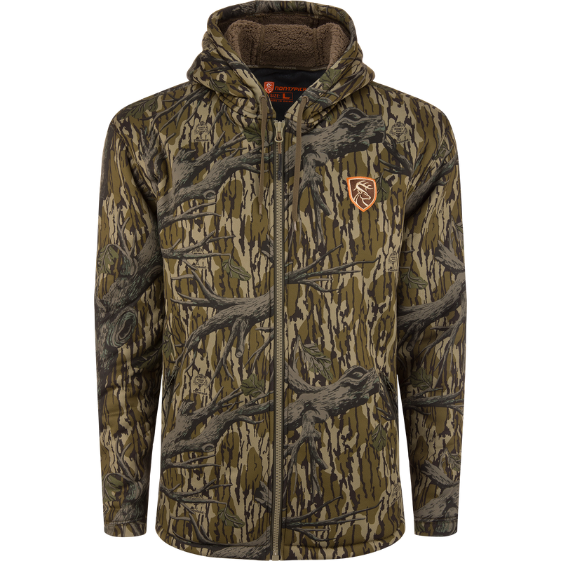 Non-Typical Silencer Full Zip Hoodie with woodland camouflage, featuring a drawstring hood, front pockets, and a deer-head emblem.
