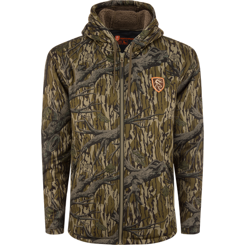 Non-Typical Silencer Full Zip Hoodie with woodland camouflage, featuring a drawstring hood, front pockets, and a deer-head emblem.