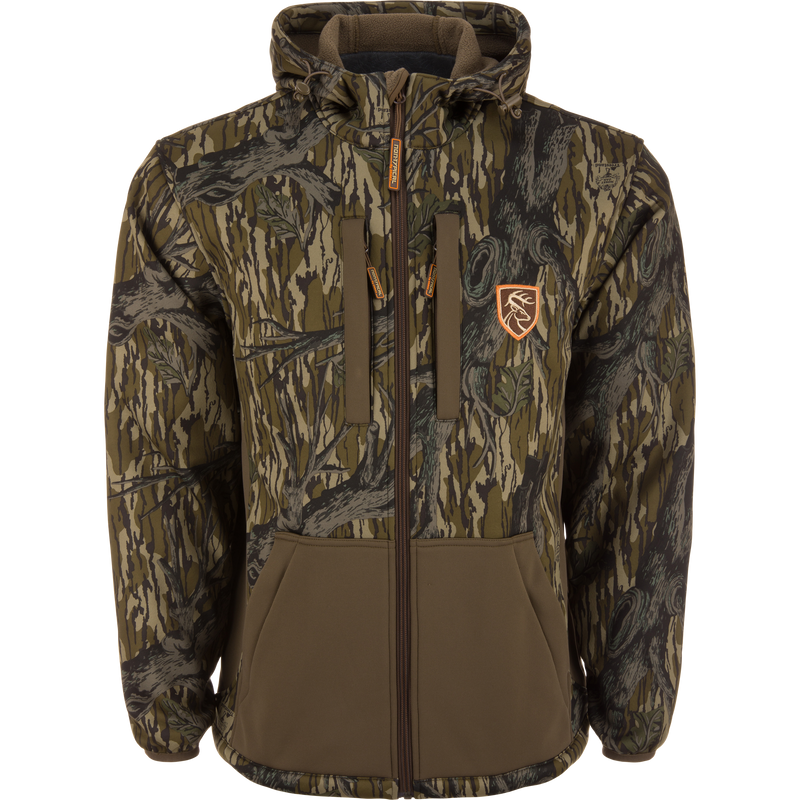 Non-Typical Endurance Hooded Full Zip Jacket with Scent Control, featuring camo print, zip-up front, adjustable hood, and multiple zippered pockets, designed for mid-season hunting.