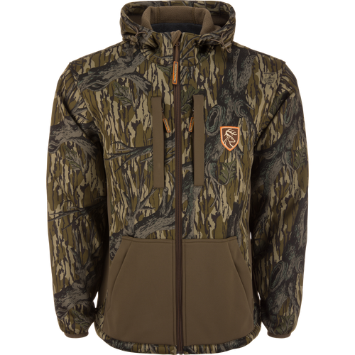 Non-Typical Endurance Hooded Full Zip Jacket with Scent Control featuring tree-bark camo, waterproof chest pockets, fleece-lined hood, and adjustable design for hunting comfort.
