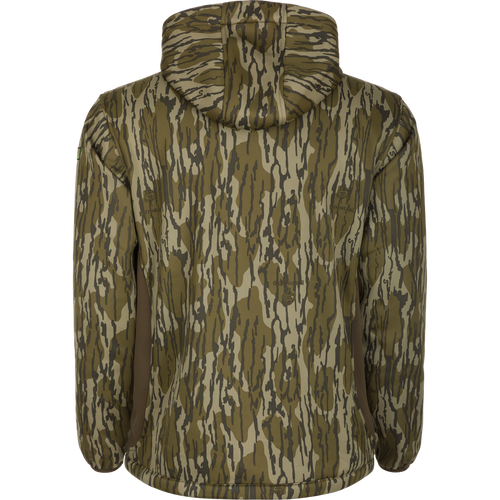 Back view of the Youth Endurance Full Zip Jacket with Hood in woodland camouflage, featuring elasticized cuffs, rounded hem, and adjustable hood, designed for outdoor activities.