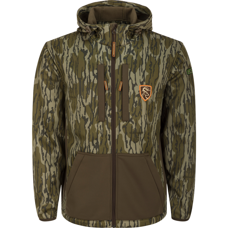 Youth Endurance Full Zip Jacket with Hood featuring camouflage, vertical chest pockets, adjustable hood, and scent control, ideal for outdoor activities.