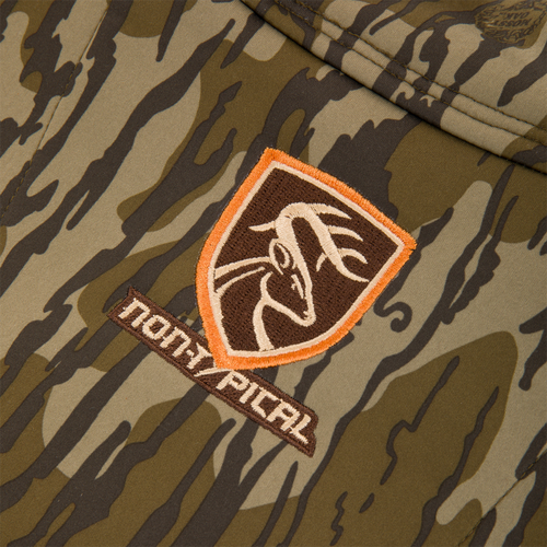 Youth Endurance Full Zip Jacket with Hood featuring a camouflage pattern, shield patch with deer head, and NASTY PIXEL text; designed for flexibility and scent control.