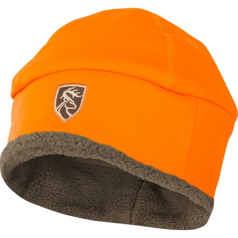 Non-Typical Silencer Sherpa Fleece Beanie, blaze-orange, with antler crest, deep cut for ear protection, fleece-lined for warmth, featuring Agion Active X2 scent control technology.