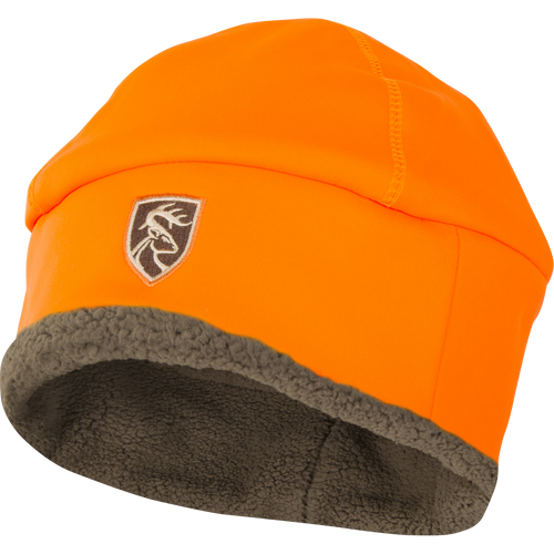 Non-Typical Silencer Sherpa Fleece Beanie, blaze-orange, with antler crest, deep cut for ear protection, fleece-lined for warmth, featuring Agion Active X2 scent control technology.