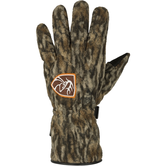 Non-Typical MST Windstopper Fleece Camo Shooter's Gloves, featuring a leather palm and neoprene cuff, designed for handling hunting gear in harsh winter conditions.