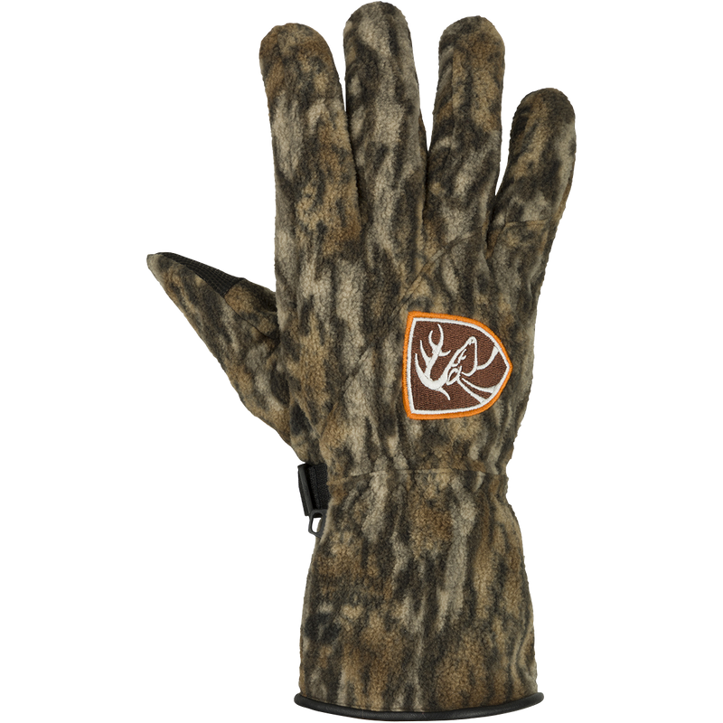 Non-Typical MST Windstopper Fleece Camo Shooter's Gloves, featuring a leather palm, windproof fleece, and neoprene cuff, designed for handling shotguns and calls in winter.