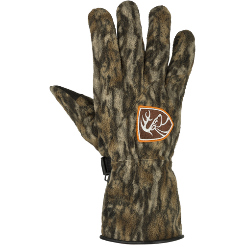 Non-Typical MST Windstopper Fleece Camo Shooter's Gloves, featuring a leather palm, windproof fleece, and neoprene cuff, designed for handling shotguns and calls in winter.