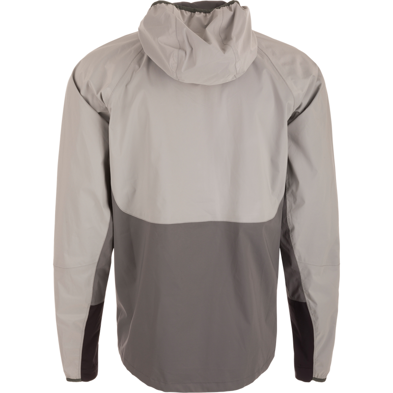Ultra-Lite Backwaters Waterproof Stretch Jacket with hood, featuring taped seams and reflective logos, designed for outdoor enthusiasts seeking breathable, waterproof protection.