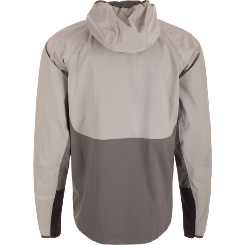 Ultra-Lite Backwaters Waterproof Stretch Jacket with hood, featuring taped seams and reflective logos, designed for outdoor enthusiasts seeking breathable, waterproof protection.