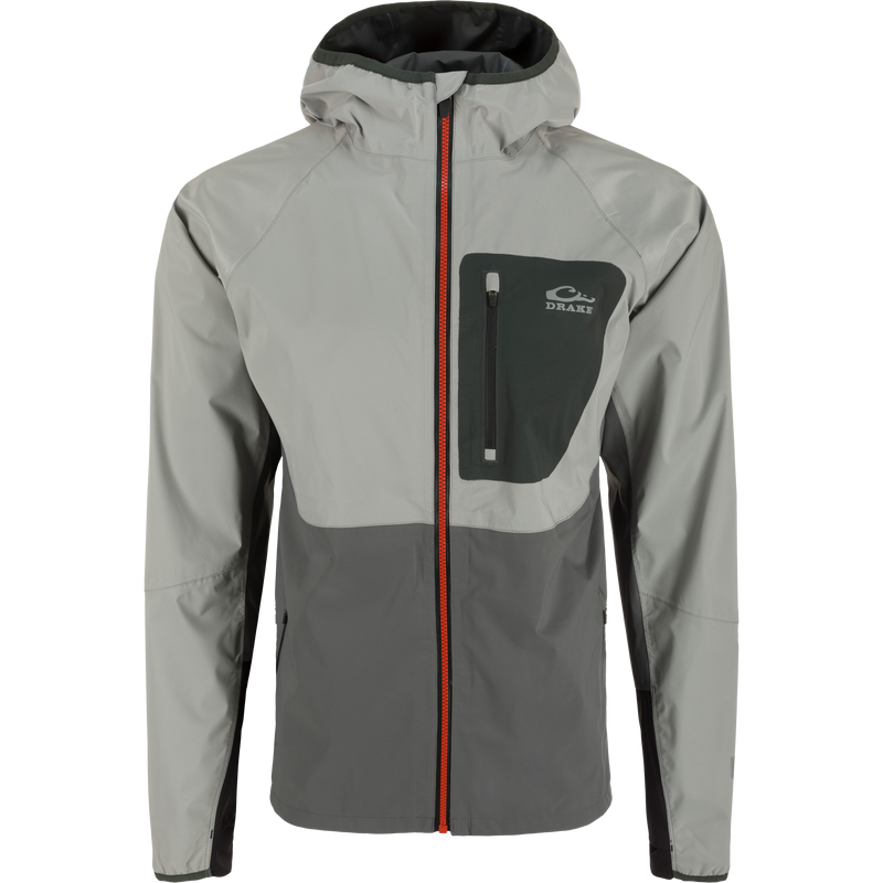 Ultra-Lite Backwaters Waterproof Stretch Jacket featuring a hood, zippered front, and ergonomic thumbholes, ideal for outdoor enthusiasts seeking durable, breathable protection.