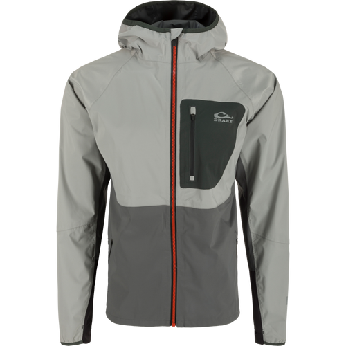 Ultra-Lite Backwaters Waterproof Stretch Jacket featuring a hood, zippered front, and ergonomic thumbholes, ideal for outdoor enthusiasts seeking durable, breathable protection.