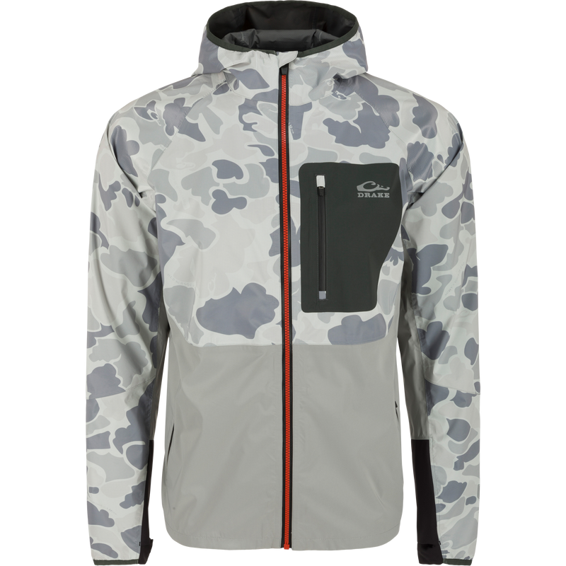 Ultra-Lite Backwaters Waterproof Stretch Jacket, featuring a sleek design with reflective logos, a water-resistant Vislon zipper, and ergonomic thumbholes, ideal for outdoor enthusiasts.