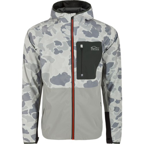 Ultra-Lite Backwaters Waterproof Stretch Jacket, featuring a sleek design with reflective logos, a water-resistant Vislon zipper, and ergonomic thumbholes, ideal for outdoor enthusiasts.