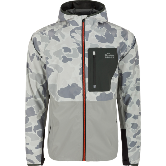 Ultra-Lite Backwaters Waterproof Stretch Jacket, featuring a sleek design with reflective logos, a water-resistant Vislon zipper, and ergonomic thumbholes, ideal for outdoor enthusiasts.