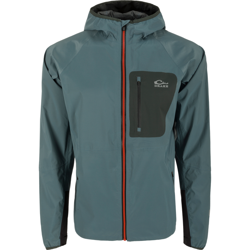 Ultra-Lite Backwaters Waterproof Stretch Jacket featuring a zipper and hood, designed for outdoor enthusiasts with waterproof, breathable fabric and reflective details.